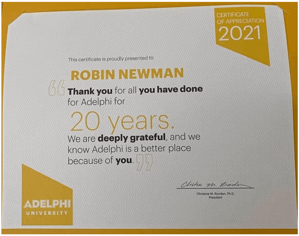 Adelphi certificate of appreciation to Robin Newman LCSW 2021